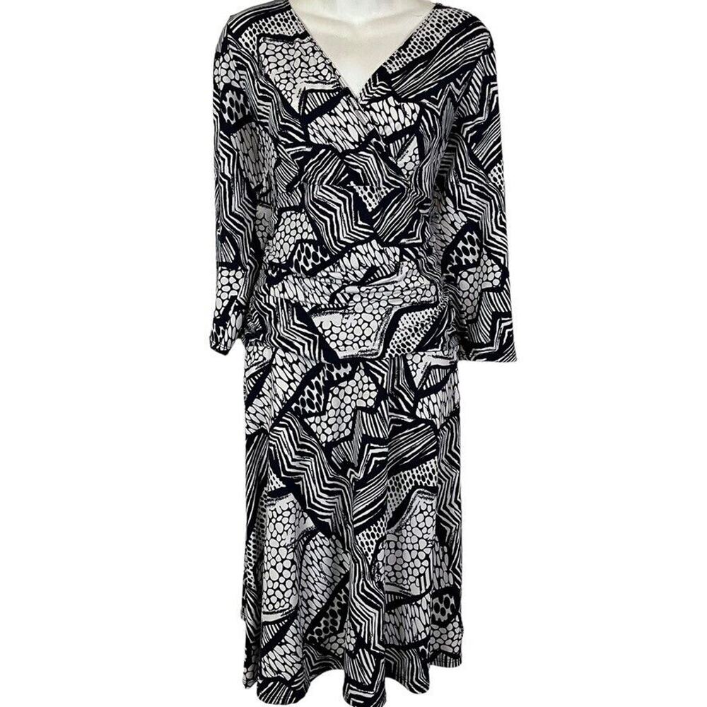 Rekucci Womens Navy White V-Neck Jersey Knit Stretch Midi 3/4 Sleeve Dress sz 14